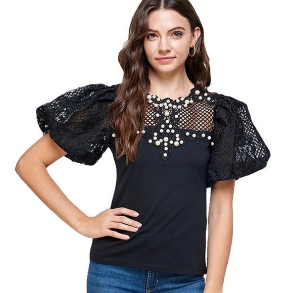 Tops - Black beaded top with Lace puff sleeves